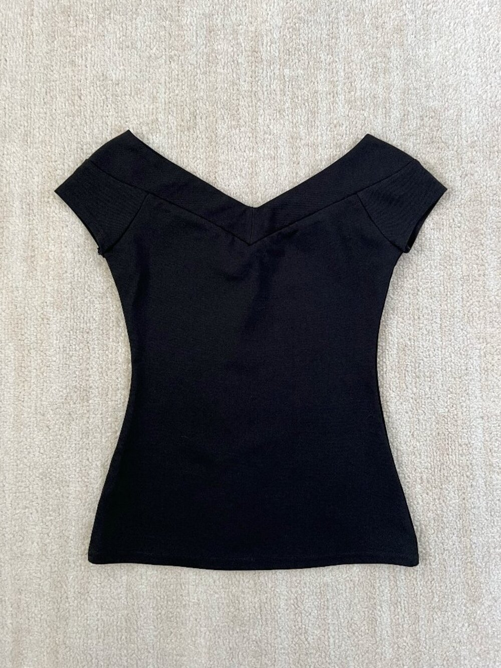 Unique Vintage Black Off Shoulder Top Cap Sleeve Retro 1950s V-Neck Blouse XS/2